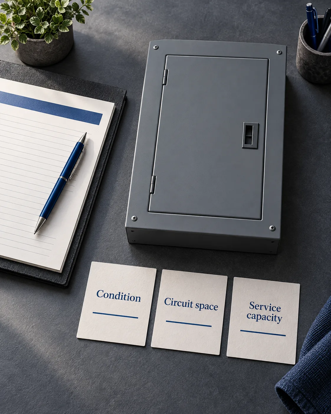 Editorial illustration of a closed electrical panel and planning cards labeled Condition, Circuit space, and Service capacity