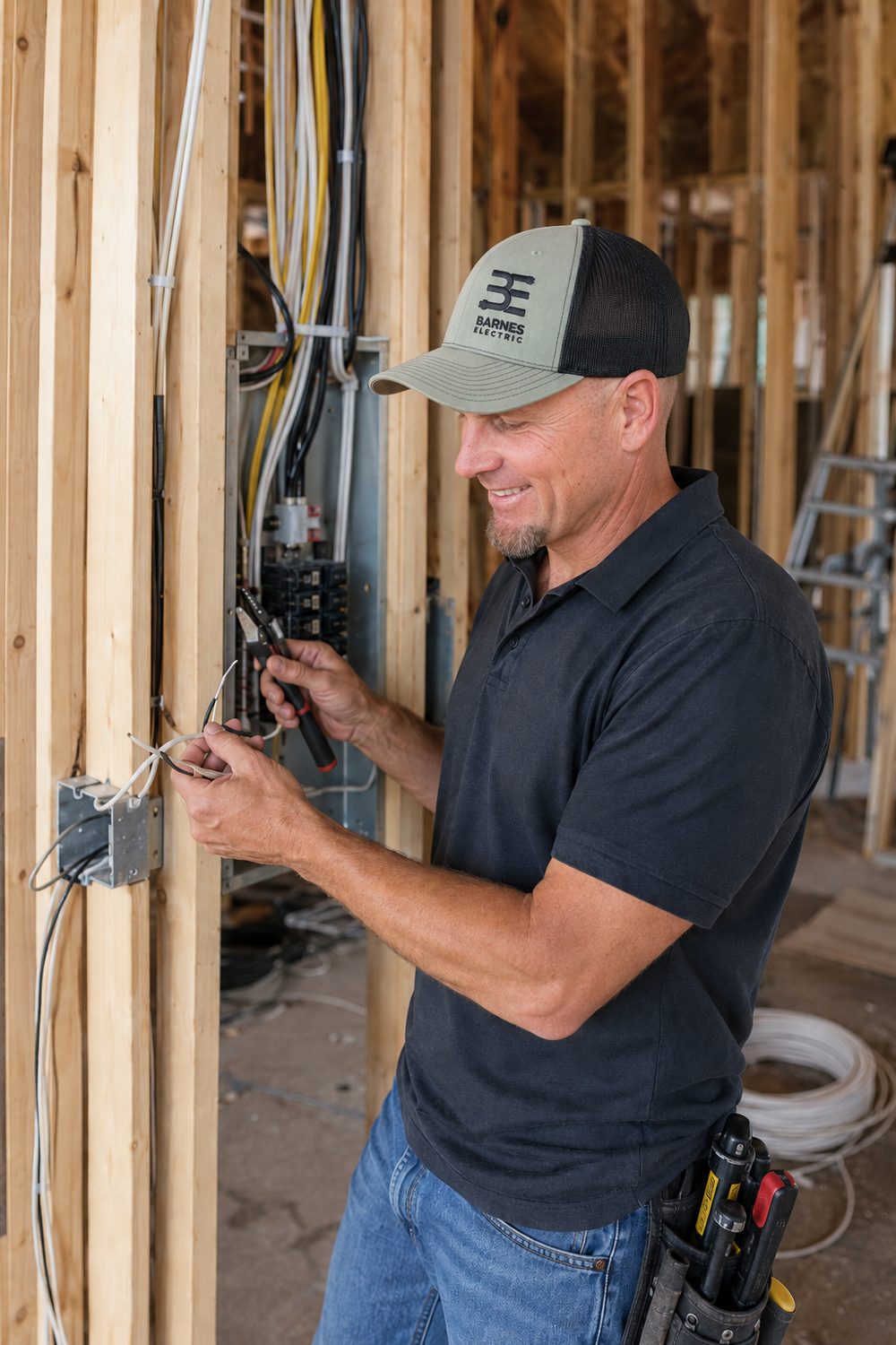 Josh Barnes in Barnes Electric uniform working a panel at an active Polk County build